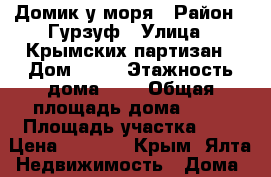 Домик у моря › Район ­ Гурзуф › Улица ­ Крымских партизан › Дом ­ 15 › Этажность дома ­ 1 › Общая площадь дома ­ 34 › Площадь участка ­ 7 › Цена ­ 4 500 - Крым, Ялта Недвижимость » Дома, коттеджи, дачи аренда   . Крым,Ялта